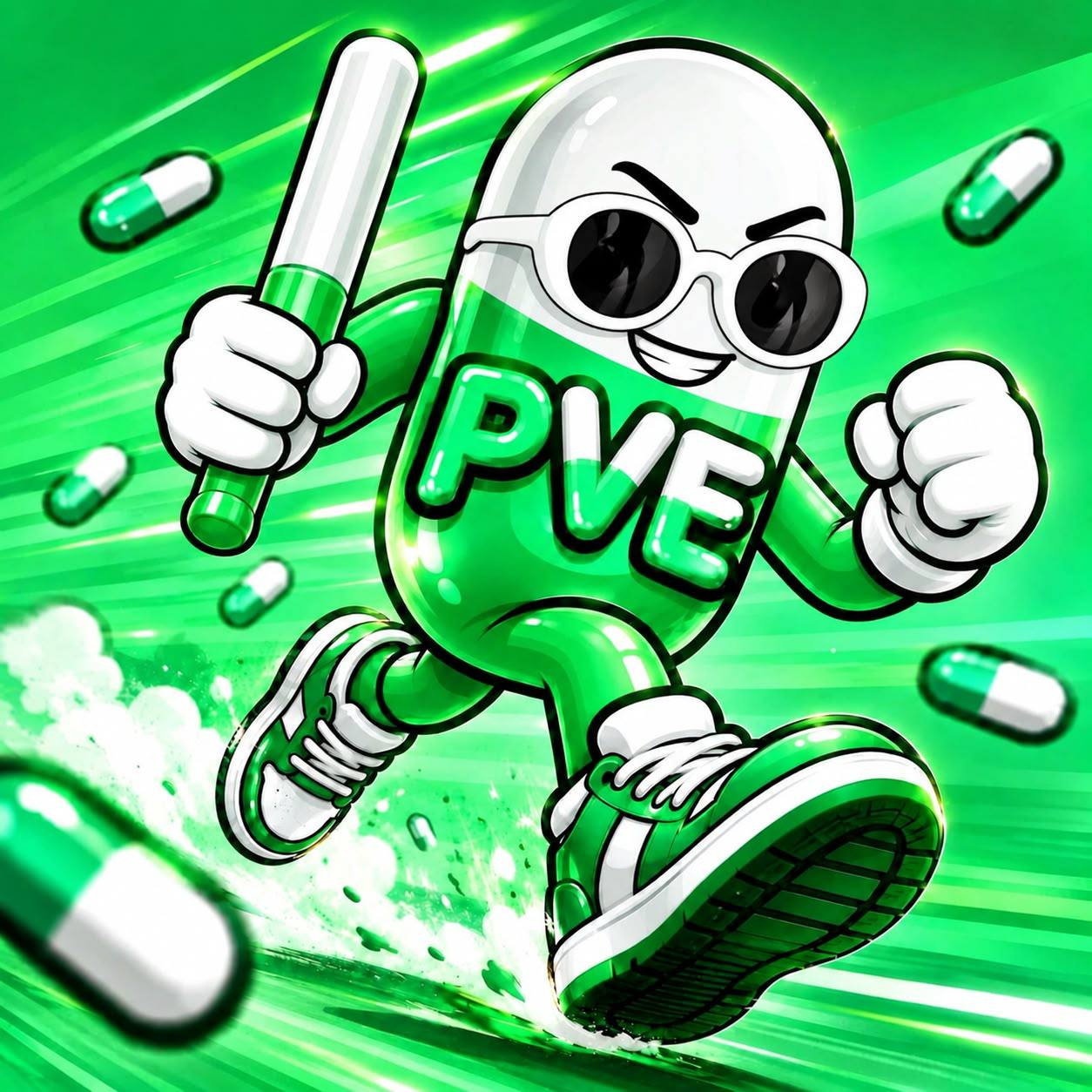 The $PVE mascot: a green and white capsule wearing white sunglasses and sneakers, sprinting with a baton